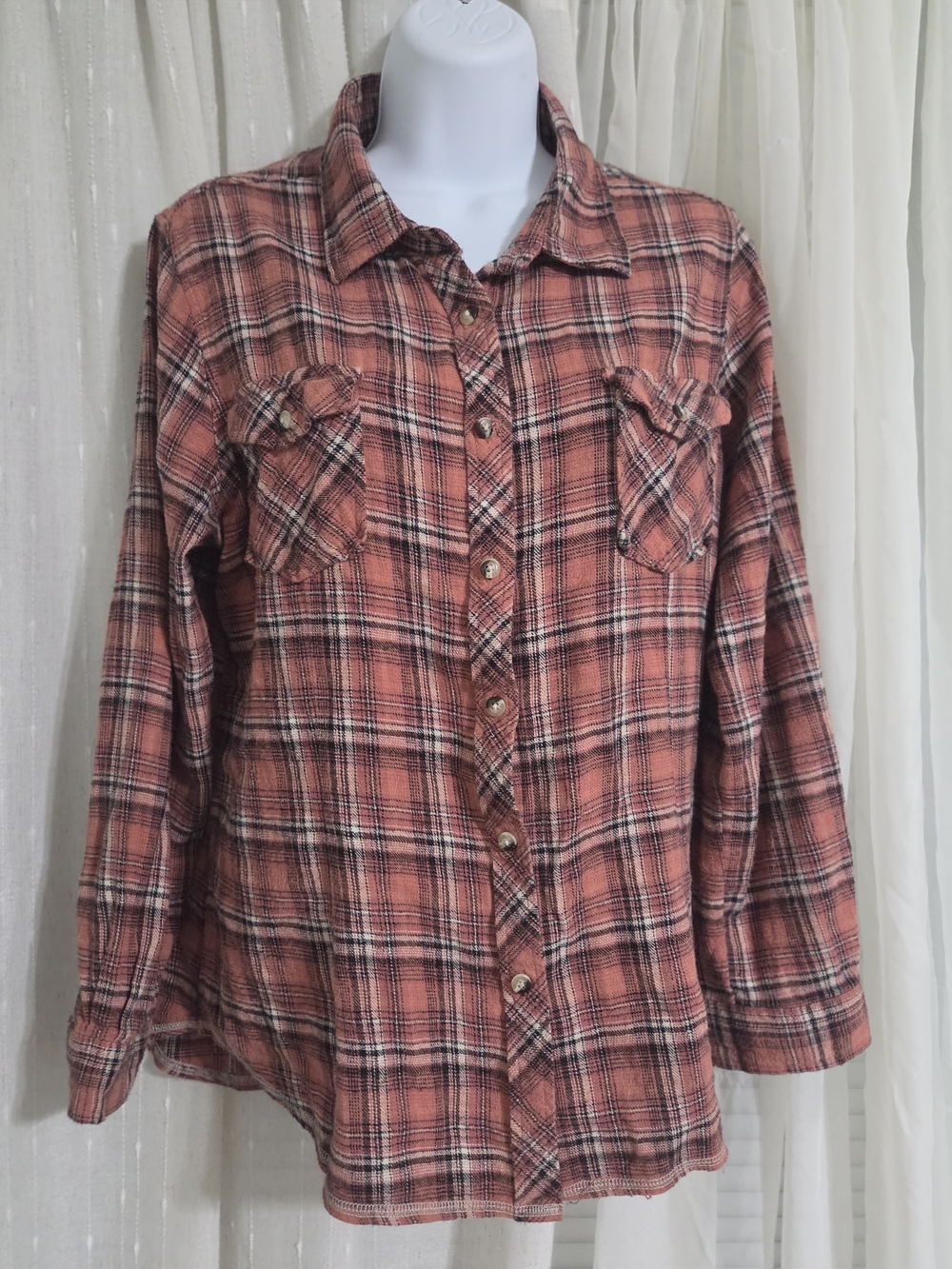 Women’s Orange Plaid Flannel Button-Down Shirt